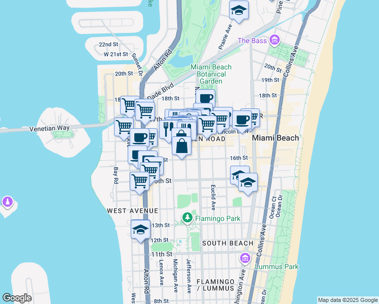 map of restaurants, bars, coffee shops, grocery stores, and more near 1615 Jefferson Avenue in Miami Beach