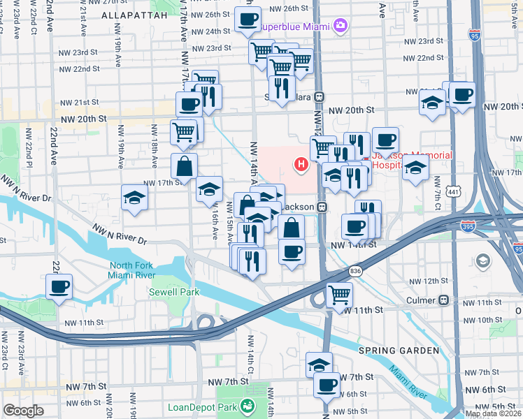 map of restaurants, bars, coffee shops, grocery stores, and more near 1377 Northwest 15th Street in Miami
