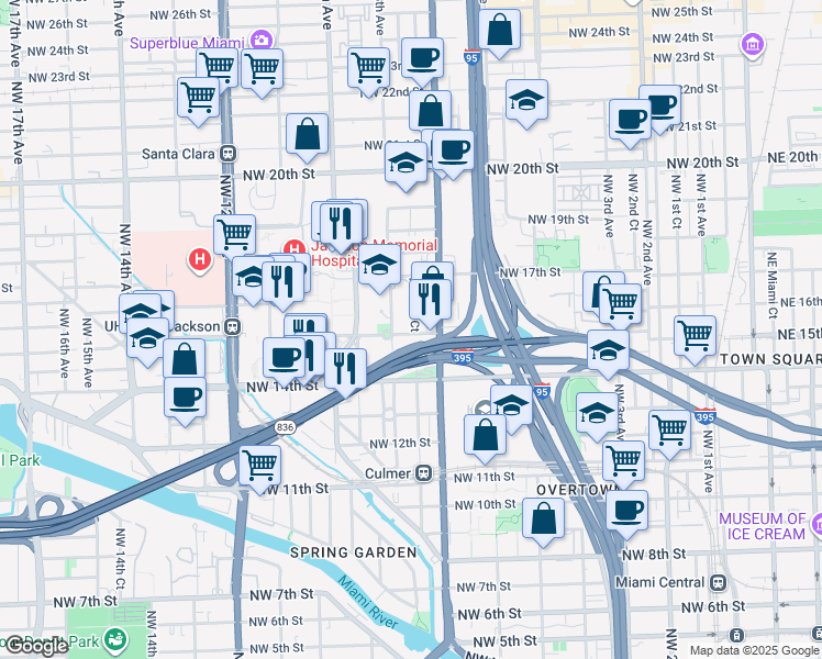 map of restaurants, bars, coffee shops, grocery stores, and more near 12 Northwest 15th Street in Miami
