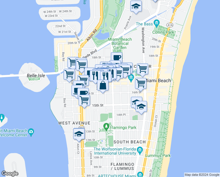 map of restaurants, bars, coffee shops, grocery stores, and more near 1615 Jefferson Avenue in Miami Beach