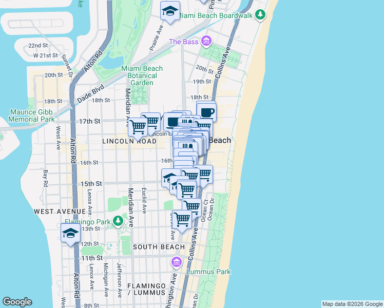 map of restaurants, bars, coffee shops, grocery stores, and more near 1601 Washington Avenue in Miami Beach