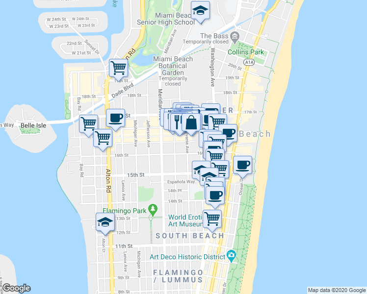 map of restaurants, bars, coffee shops, grocery stores, and more near 1612 Pennsylvania Avenue in Miami Beach