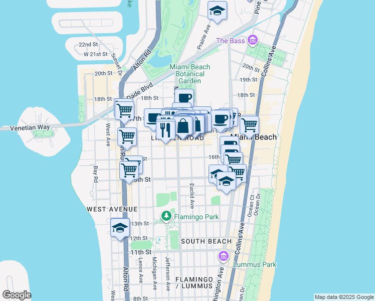 map of restaurants, bars, coffee shops, grocery stores, and more near 1611 Meridian Avenue in Miami Beach