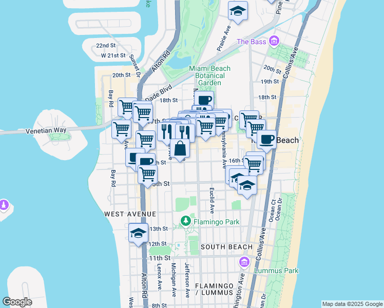 map of restaurants, bars, coffee shops, grocery stores, and more near 1615 Jefferson Avenue in Miami Beach