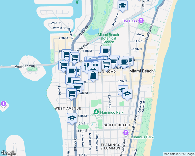 map of restaurants, bars, coffee shops, grocery stores, and more near 1615 Jefferson Avenue in Miami Beach