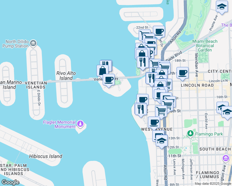 map of restaurants, bars, coffee shops, grocery stores, and more near 11 Island Avenue in Miami Beach