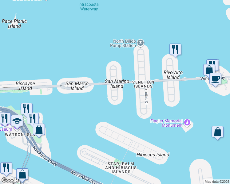 map of restaurants, bars, coffee shops, grocery stores, and more near 114-2 East San Marino Drive in Miami Beach