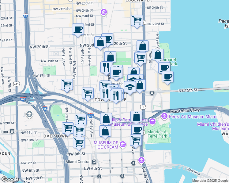 map of restaurants, bars, coffee shops, grocery stores, and more near 1500 Northeast Miami Place in Miami