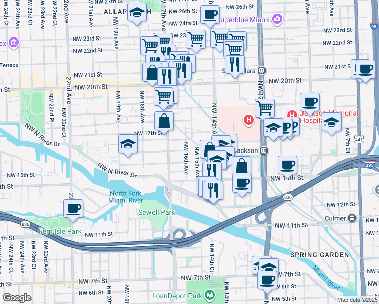 map of restaurants, bars, coffee shops, grocery stores, and more near 1531 Northwest 16th Avenue in Miami