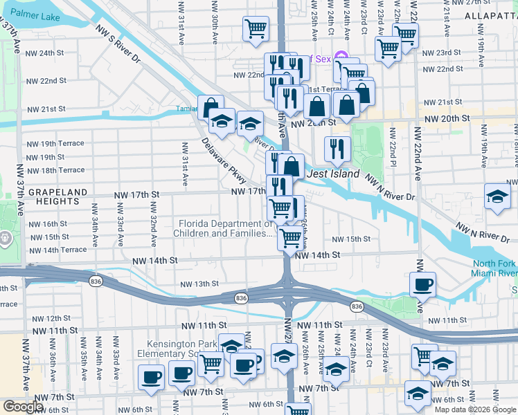 map of restaurants, bars, coffee shops, grocery stores, and more near 1629 Northwest 28th Avenue in Miami