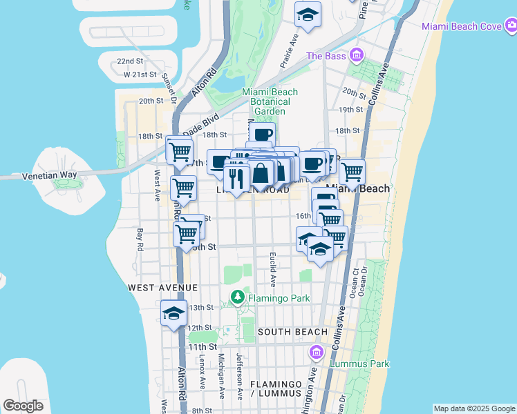 map of restaurants, bars, coffee shops, grocery stores, and more near 1611 Meridian Avenue in Miami Beach