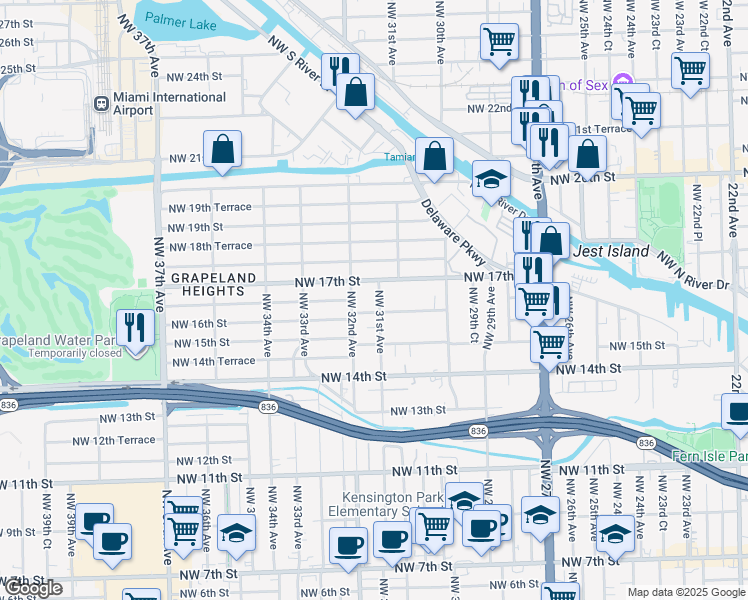 map of restaurants, bars, coffee shops, grocery stores, and more near 1610 Northwest 31st Avenue in Miami
