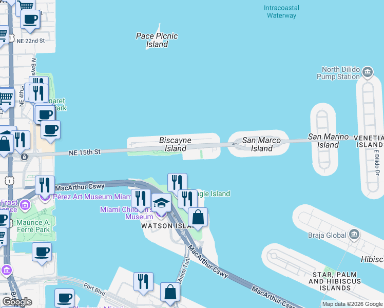 map of restaurants, bars, coffee shops, grocery stores, and more near 1000 Venetian Way in Miami