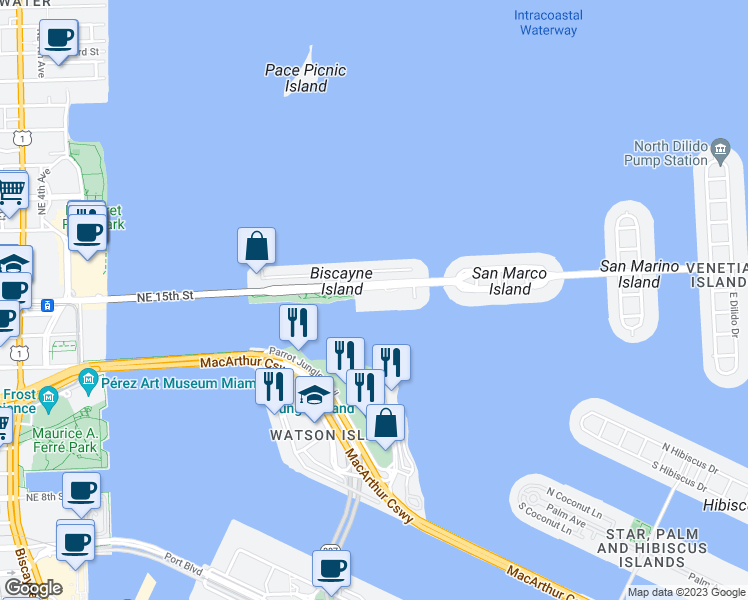 map of restaurants, bars, coffee shops, grocery stores, and more near 1100 Venetian Causeway in Miami Beach