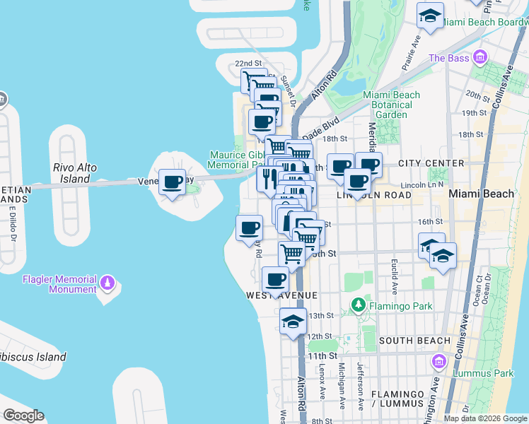 map of restaurants, bars, coffee shops, grocery stores, and more near 1621 Bay Road in Miami Beach