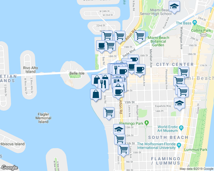 map of restaurants, bars, coffee shops, grocery stores, and more near 1621 Bay Rd in Miami