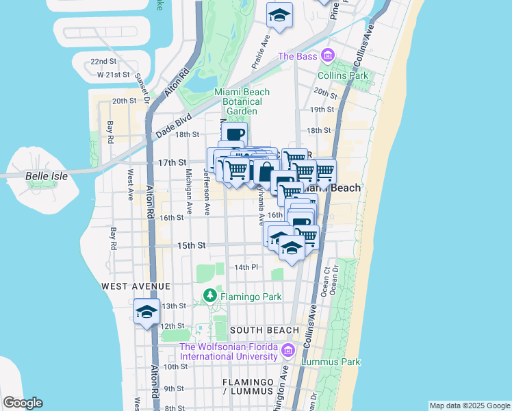 map of restaurants, bars, coffee shops, grocery stores, and more near 1612 Pennsylvania Avenue in Miami Beach
