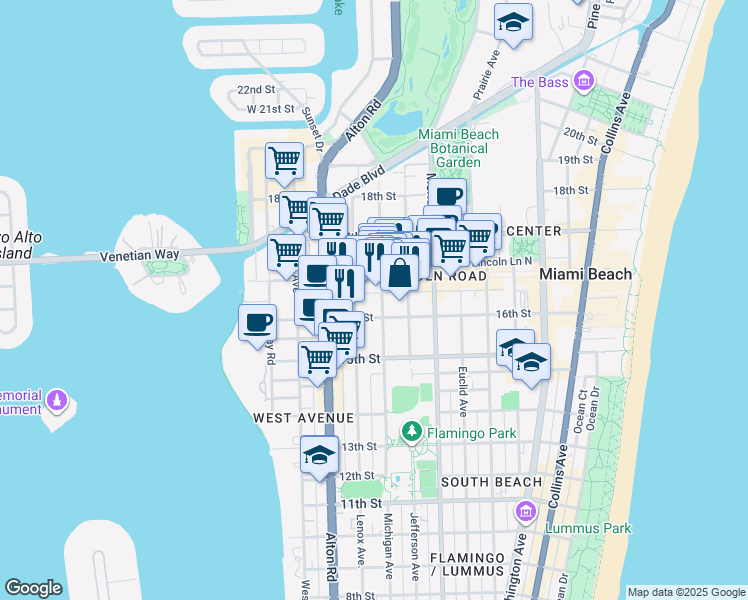 map of restaurants, bars, coffee shops, grocery stores, and more near 1610 Michigan Avenue in Miami Beach