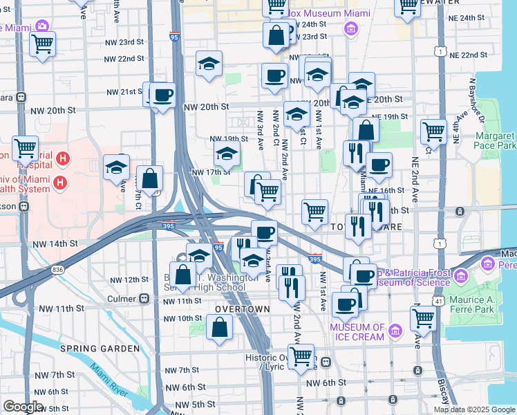 map of restaurants, bars, coffee shops, grocery stores, and more near 1490 Northwest 3rd Avenue in Miami