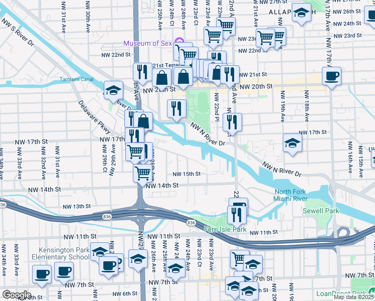 map of restaurants, bars, coffee shops, grocery stores, and more near 1583 Northwest 24th Avenue in Miami