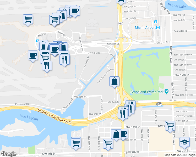 map of restaurants, bars, coffee shops, grocery stores, and more near 4335 NW South Tamiami Canal Dr in Miami