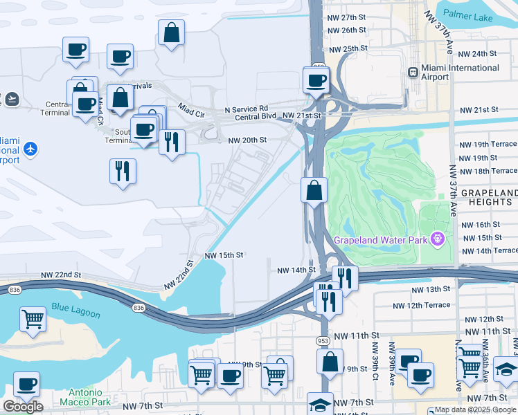 map of restaurants, bars, coffee shops, grocery stores, and more near 4335 NW South Tamiami Canal Dr in Miami