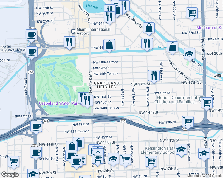map of restaurants, bars, coffee shops, grocery stores, and more near 3527 Northwest 16th Terrace in Miami