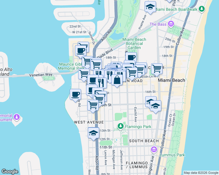 map of restaurants, bars, coffee shops, grocery stores, and more near 1610 Michigan Avenue in Miami Beach
