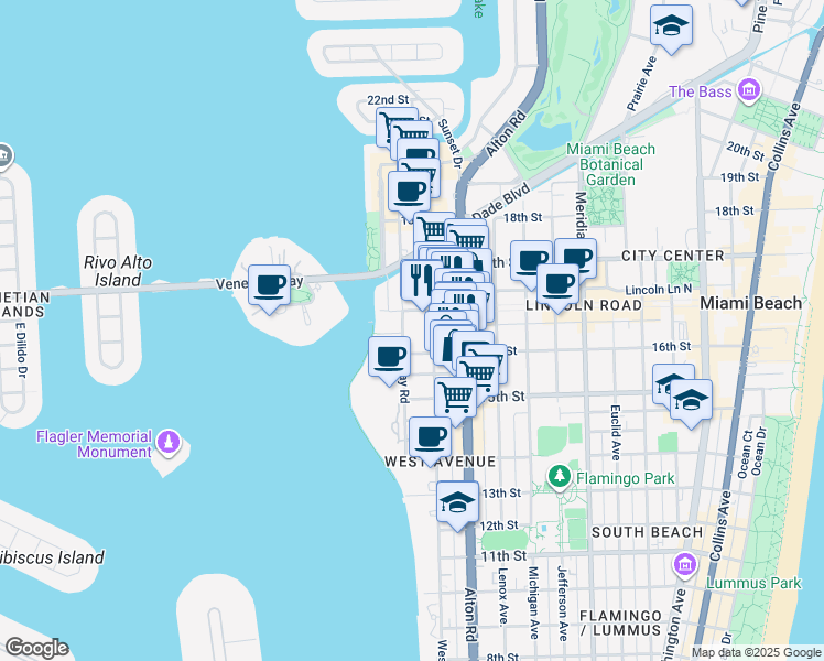 map of restaurants, bars, coffee shops, grocery stores, and more near 1621 Bay Road in Miami Beach