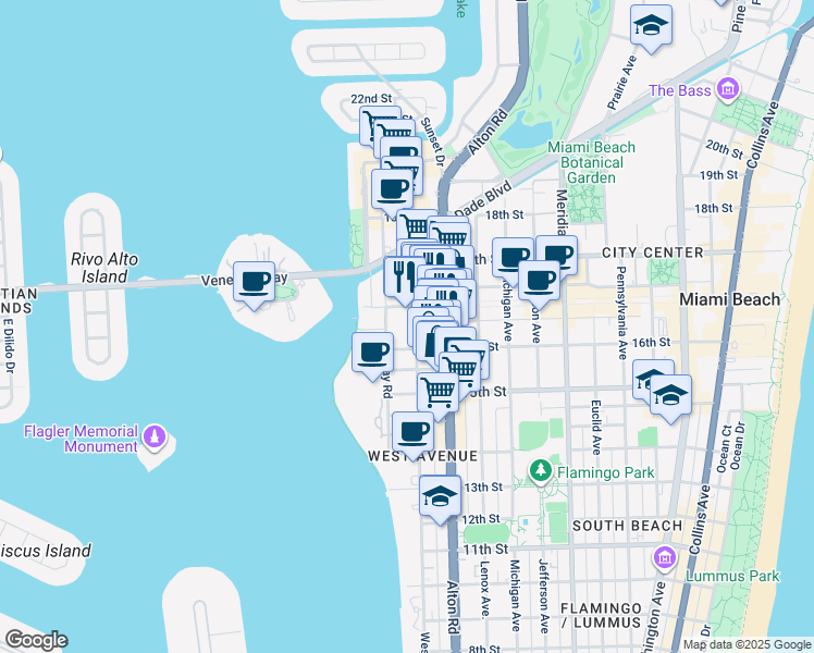 map of restaurants, bars, coffee shops, grocery stores, and more near 1621 Bay Road in Miami Beach