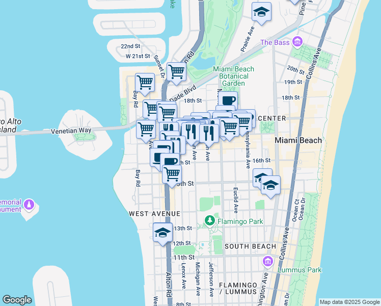 map of restaurants, bars, coffee shops, grocery stores, and more near 1618 Michigan Avenue in Miami Beach