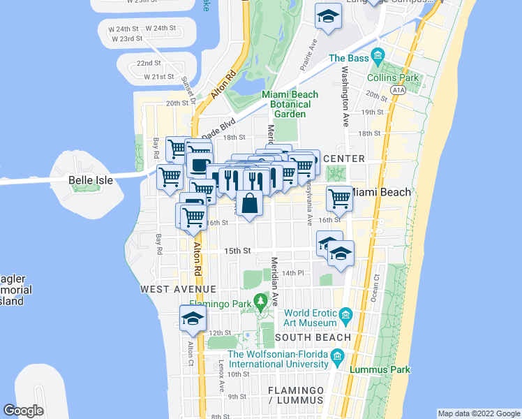 map of restaurants, bars, coffee shops, grocery stores, and more near 1615 Jefferson Avenue in Miami Beach