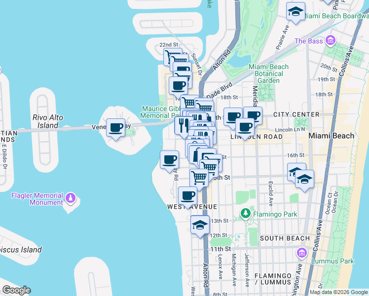 map of restaurants, bars, coffee shops, grocery stores, and more near 1621 Bay Road in Miami Beach