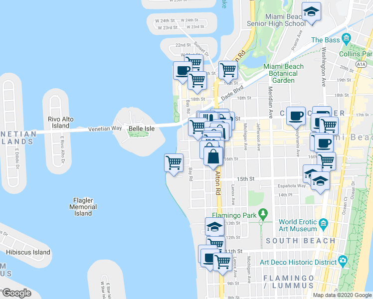 map of restaurants, bars, coffee shops, grocery stores, and more near 1621 Bay Road in Miami Beach