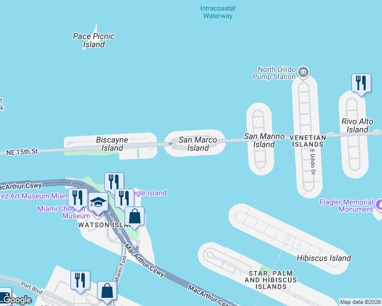 map of restaurants, bars, coffee shops, grocery stores, and more near 1278 South Venetian Way in Miami Beach