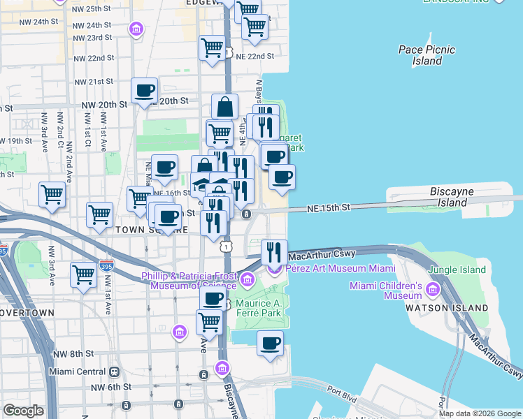 map of restaurants, bars, coffee shops, grocery stores, and more near in Miami