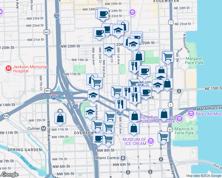 map of restaurants, bars, coffee shops, grocery stores, and more near 139 Northwest 15th Street in Miami
