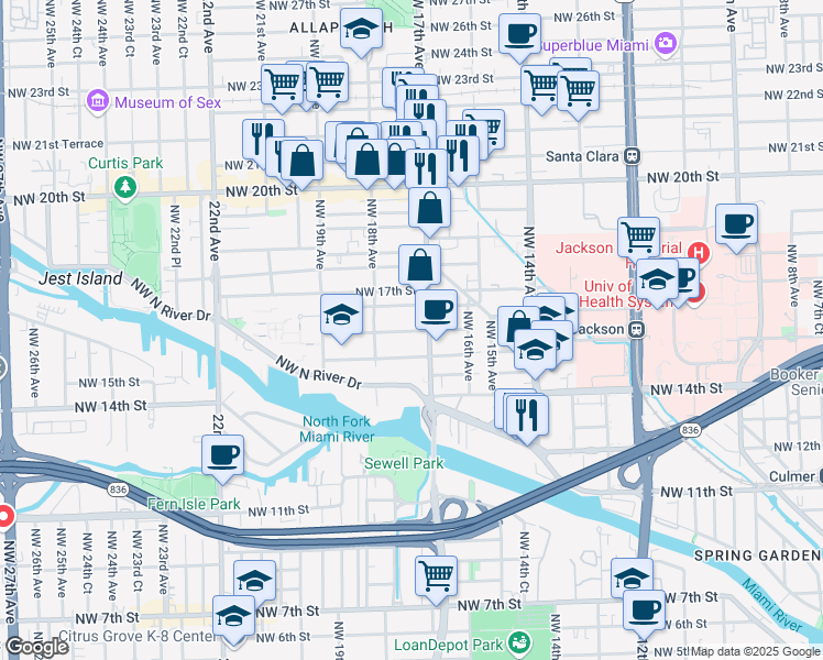 map of restaurants, bars, coffee shops, grocery stores, and more near 1764 Northwest 16th Street in Miami