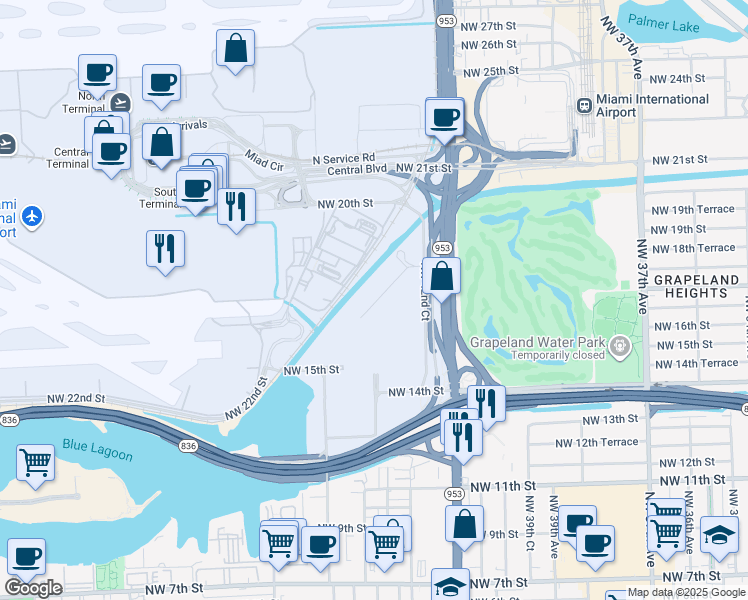map of restaurants, bars, coffee shops, grocery stores, and more near 4335 NW South Tamiami Canal Dr in Miami