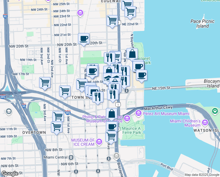 map of restaurants, bars, coffee shops, grocery stores, and more near 1500 Biscayne Boulevard in Miami