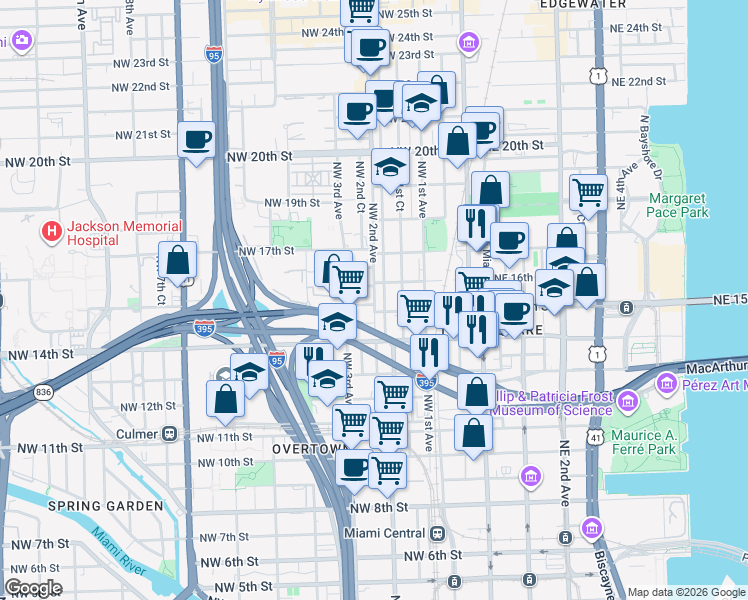map of restaurants, bars, coffee shops, grocery stores, and more near 212 Northwest 15th Street in Miami