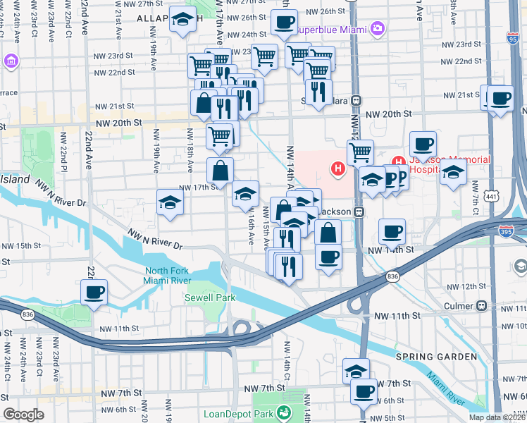 map of restaurants, bars, coffee shops, grocery stores, and more near 1531 Northwest 16th Avenue in Miami