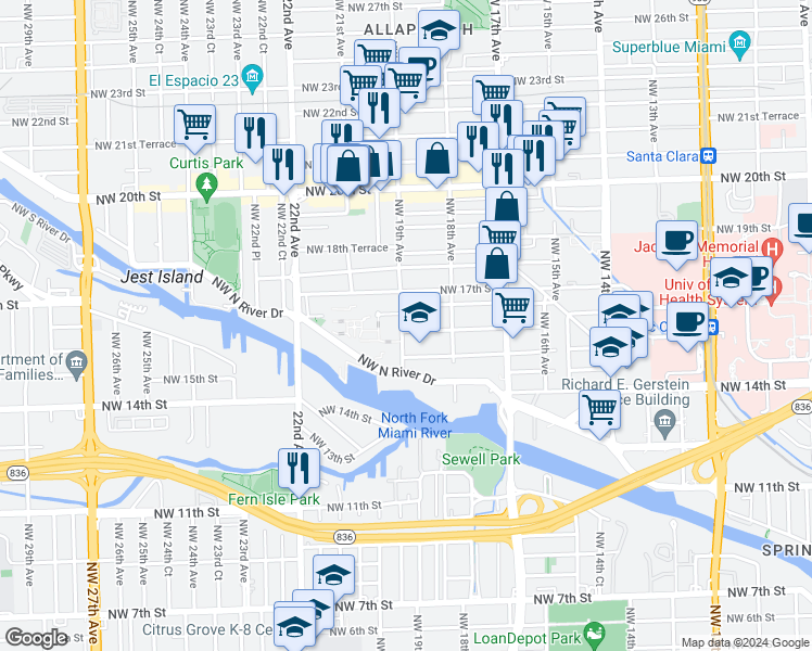 map of restaurants, bars, coffee shops, grocery stores, and more near 1601 Northwest 19th Avenue in Miami