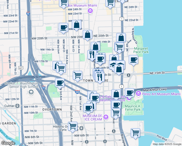 map of restaurants, bars, coffee shops, grocery stores, and more near 1501 North Miami Avenue in Miami