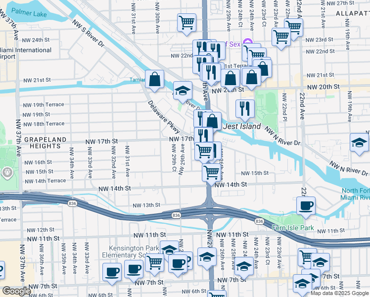 map of restaurants, bars, coffee shops, grocery stores, and more near 1629 Northwest 28th Avenue in Miami