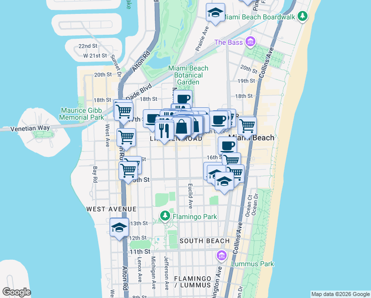 map of restaurants, bars, coffee shops, grocery stores, and more near 1611 Meridian Avenue in Miami Beach