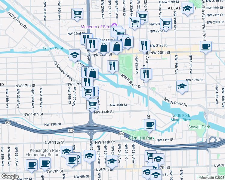 map of restaurants, bars, coffee shops, grocery stores, and more near 2415 Northwest 16th Street Road in Miami