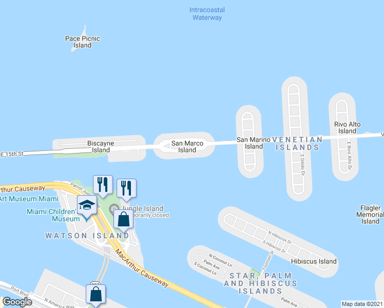 map of restaurants, bars, coffee shops, grocery stores, and more near 1374b South Venetian Way in Miami Beach