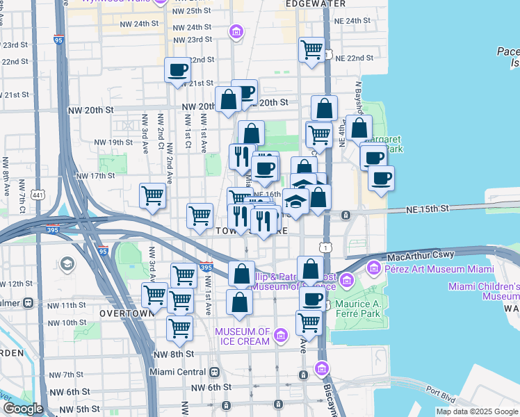 map of restaurants, bars, coffee shops, grocery stores, and more near 1500 Northeast Miami Place in Miami