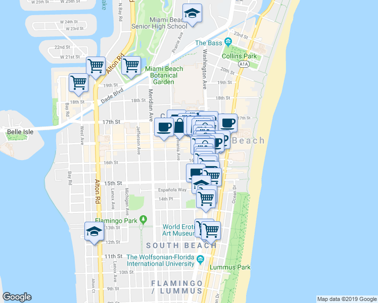 map of restaurants, bars, coffee shops, grocery stores, and more near 1608 Drexel Avenue in Miami Beach